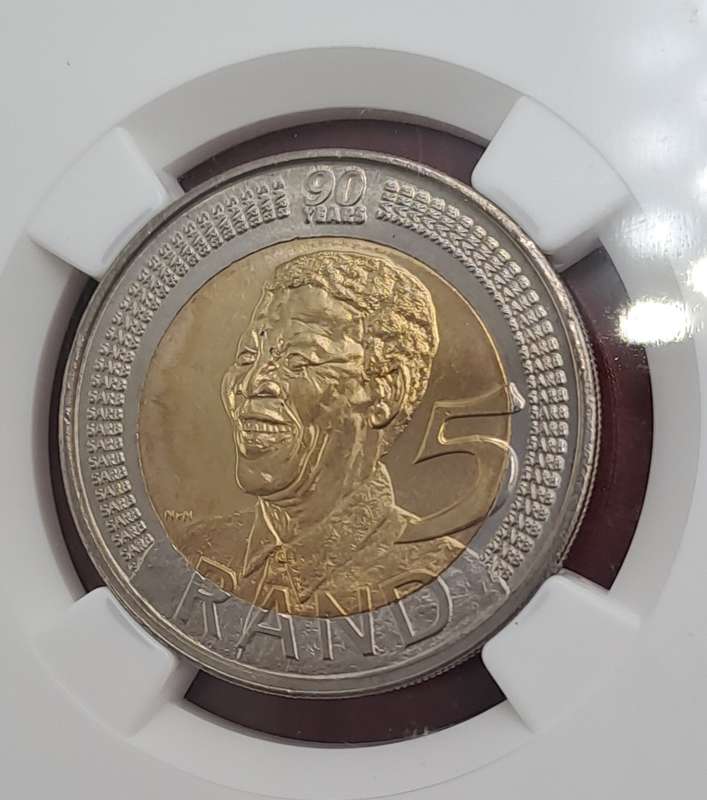 2008 South Africa R5 Mandela 90th Birthday Coin-NGC Graded MS66