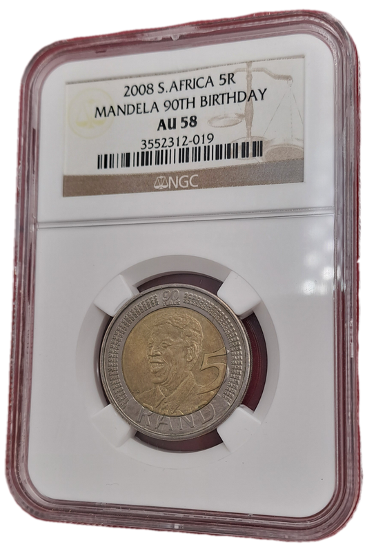 2008 South Africa R5 Mandela 90th Birthday Coin-NGC Graded AU58