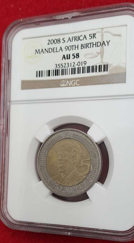 2008 South Africa R5 Mandela 90th Birthday Coin-NGC Graded AU58