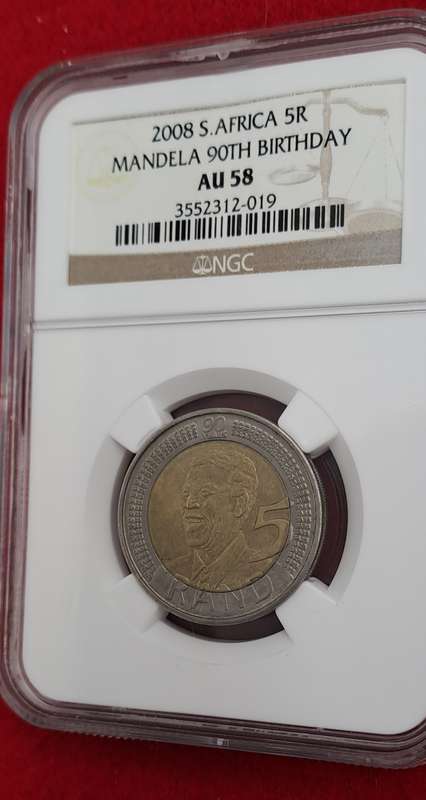 2008 South Africa R5 Mandela 90th Birthday Coin-NGC Graded AU58