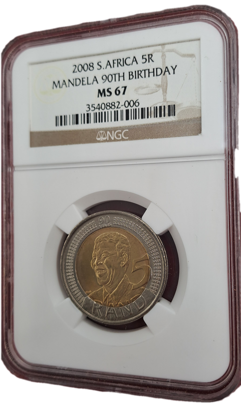 2008 South Africa R5 Mandela 90th Birthday Coin-NGC Graded MS67