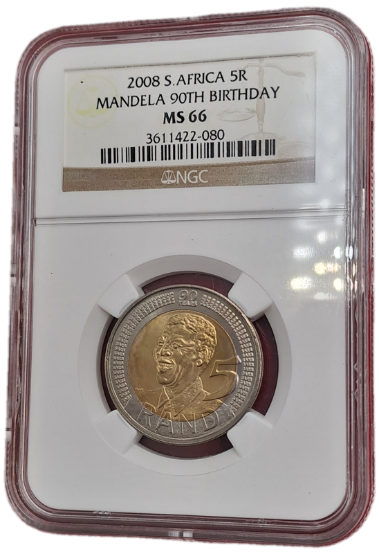 2008 South Africa R5 Mandela 90th Birthday Coin-NGC Graded MS66
