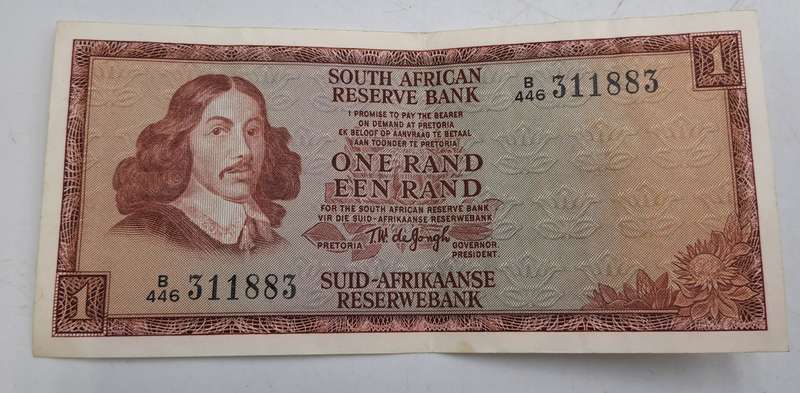 1975 South Africa 1 Rand Bank Note -T.W  de Jongh 3rd Issue -