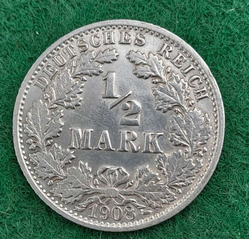 1908  (.900 Silver) ½ Mark - Wilhelm II type 2 - small shield