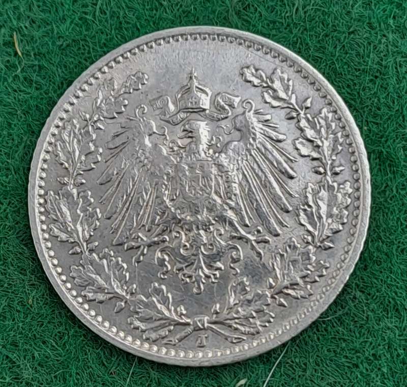 1908  (.900 Silver) ½ Mark - Wilhelm II type 2 - small shield