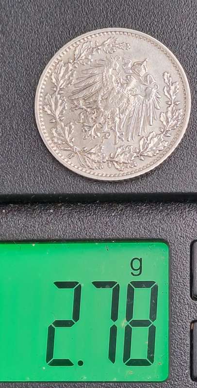 1908  (.900 Silver) ½ Mark - Wilhelm II type 2 - small shield