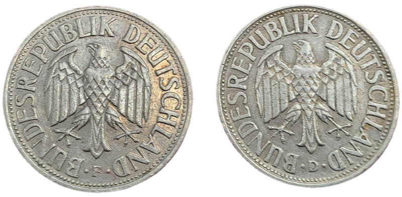 1958 (D) and 1959(F)  1 Mark Coins  -Federal Republic of Germany