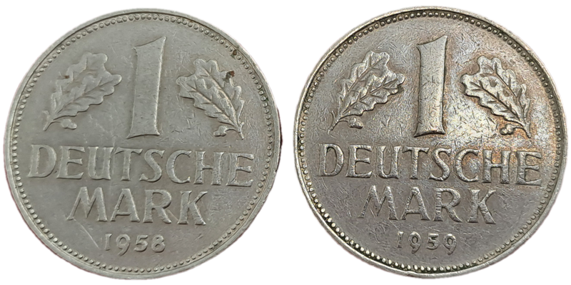 1958 (D) and 1959(F)  1 Mark Coins  -Federal Republic of Germany