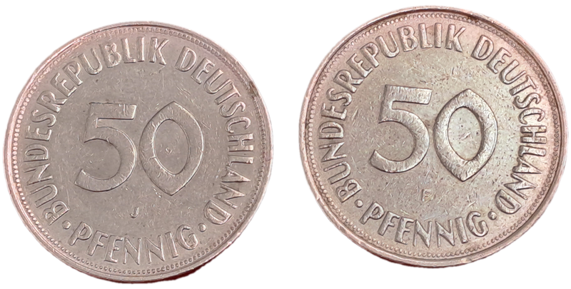 1972 and 1974 Germany 50 Pfennigs coins