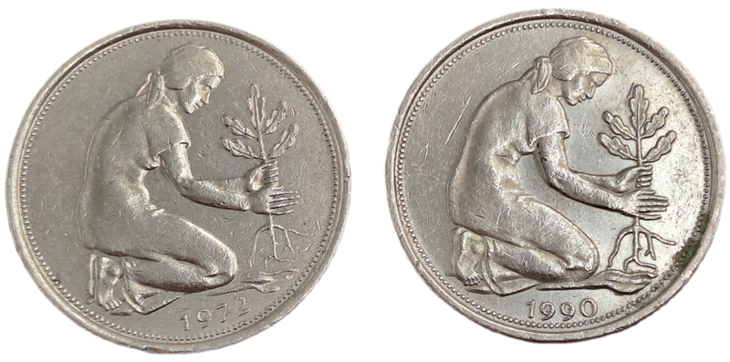 1972 and 1990 Germany 50 Pfennigs coins