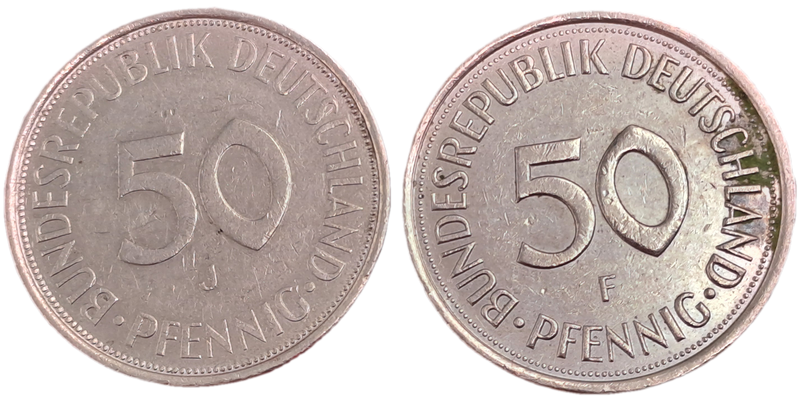 1972 and 1990 Germany 50 Pfennigs coins