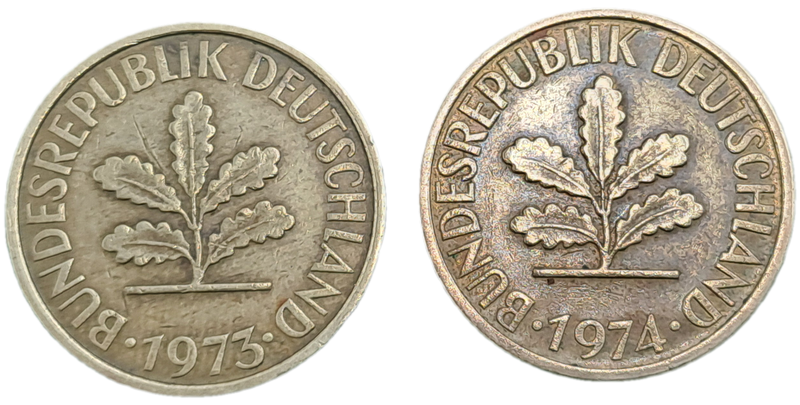 1973 (f) and 1974 (d) Germany 5 Pfennigs coins
