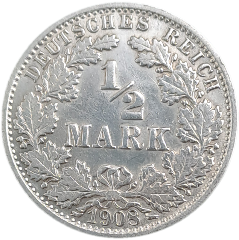 1908  (.900 Silver) ½ Mark - Wilhelm II type 2 - small shield