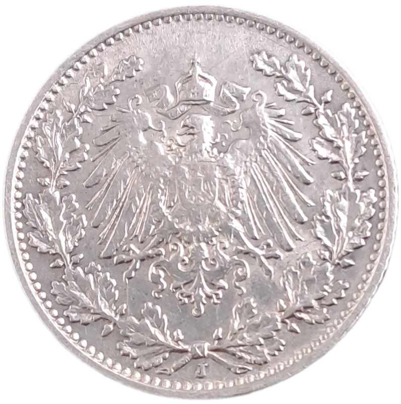 1908  (.900 Silver) ½ Mark - Wilhelm II type 2 - small shield