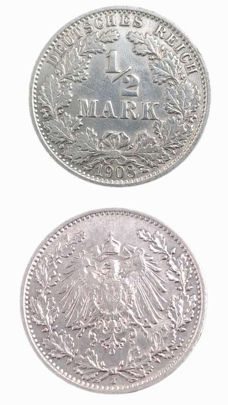 1908  (.900 Silver) ½ Mark - Wilhelm II type 2 - small shield