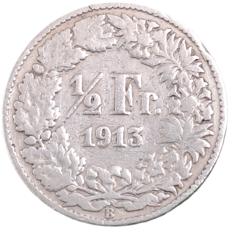 1913 Switzerland  (.835 SILVER) ½ Franc Helvetia standing