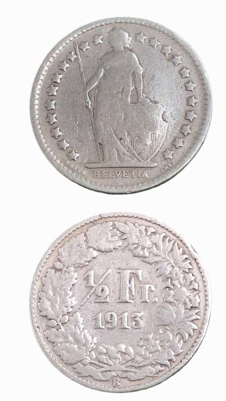 1913 Switzerland  (.835 SILVER) ½ Franc Helvetia standing