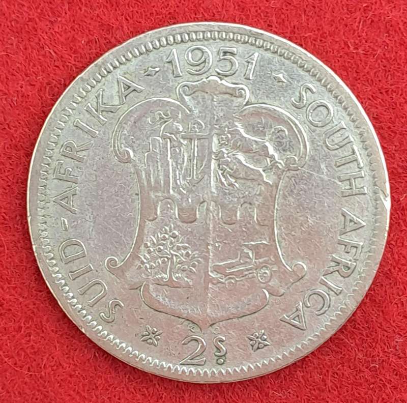 1951 South Africa  SILVER  2 Shillings - George VI