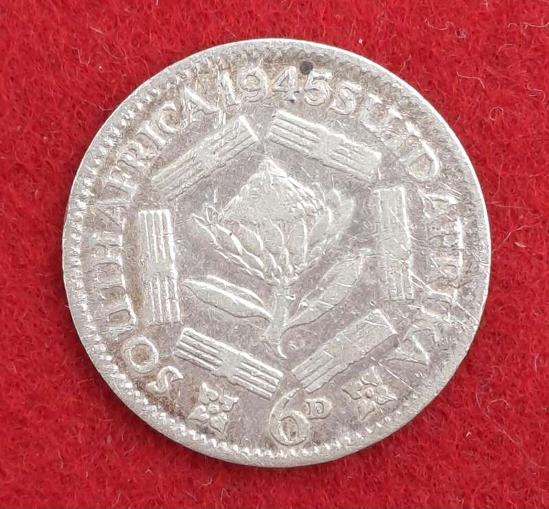 1945 South Africa  SILVER 6 Pence - George VI (Rex Imperator)