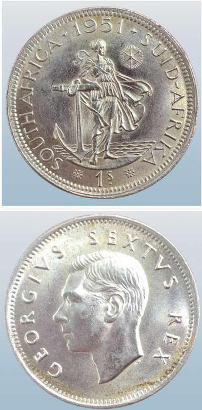 1951 South Africa  SILVER 1 Shilling - George VI Rex Imperator-UNC