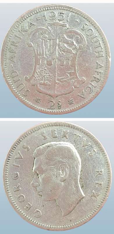 1951 South Africa  SILVER  2 Shillings - George VI