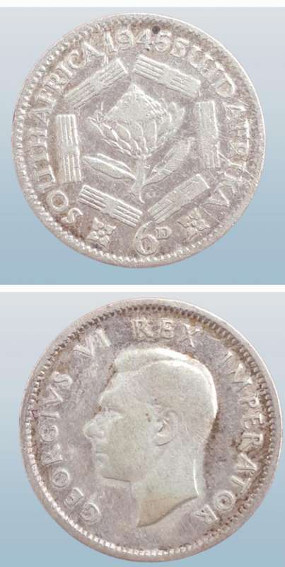 1945 South Africa  SILVER 6 Pence - George VI (Rex Imperator)