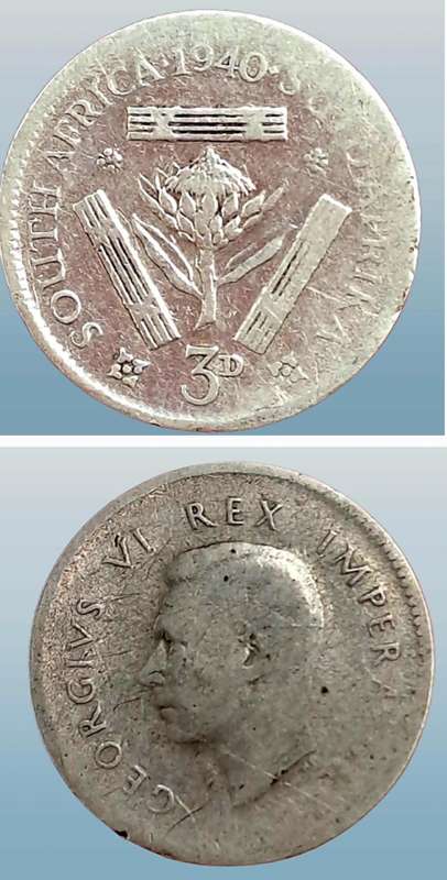 1940 South Africa  SILVER 3 Pence - George VI Rex Imperator