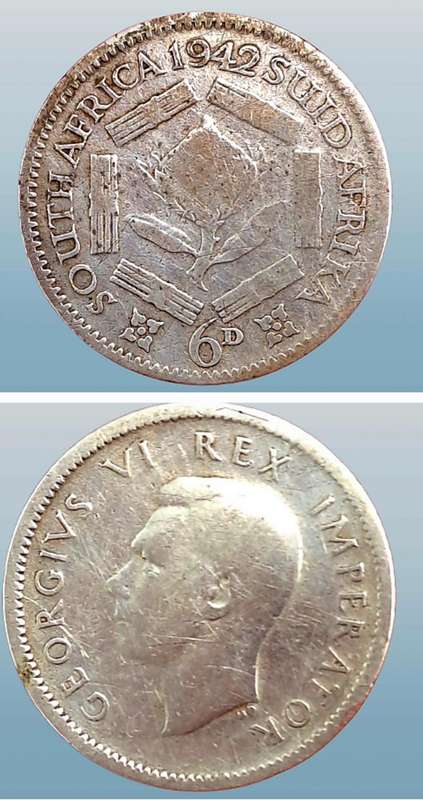 1942 South Africa  SILVER 6 Pence - George VI Rex Imperator