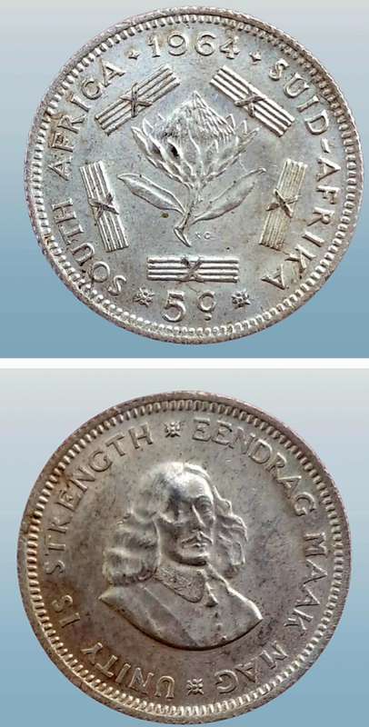 1964 South Africa  SILVER 5 Cents 1st decimal series