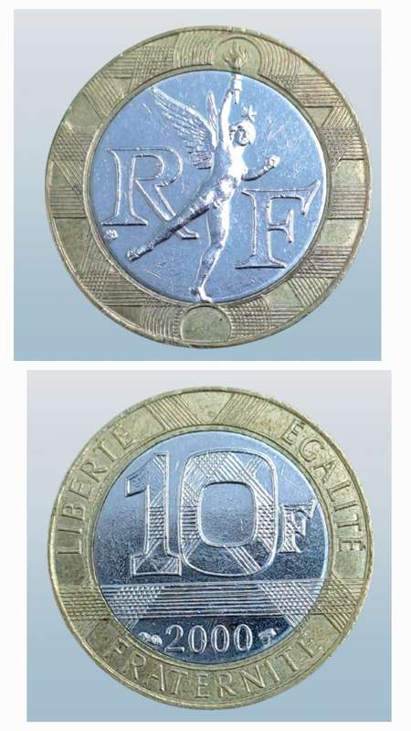 2000 France 10 Francs-Bimetallic: nickel center in aluminium bronze