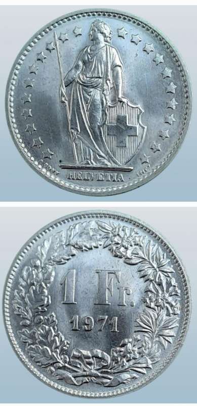 1971 Switzerland 1 Franc Helvetia standing, copper-nickel