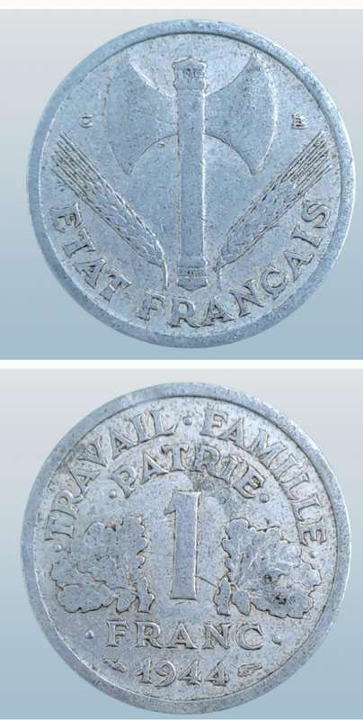 1944 France 1 Franc Type C -Vichy French State - light type