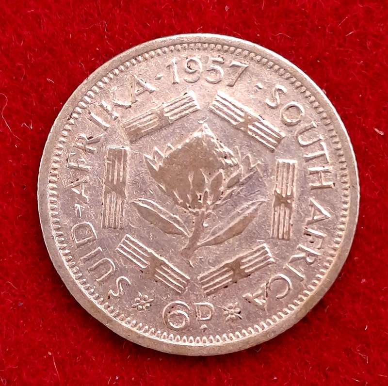 1957 South Africa .500 SILVER 6 Pence -Elizabeth II 1st portrait