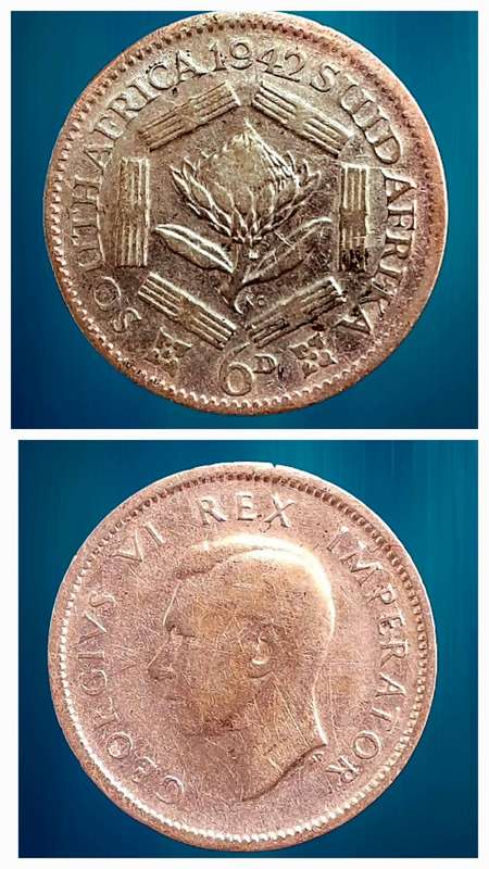 1942 South Africa  SILVER 6 Pence - George VI Rex Imperator