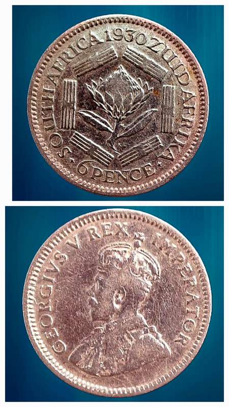 1930 South Africa ZAR .800 SILVER  -6 Pence - George V ZUID-AFRIKA -448267 Minted