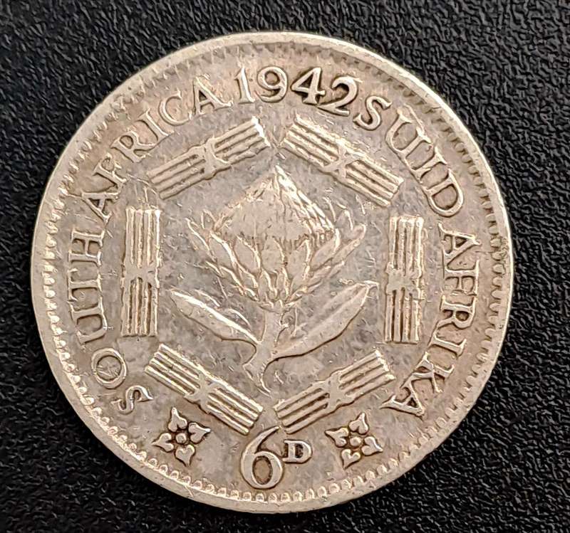 1942 South Africa  SILVER 6 Pence -80% Silver George VI Rex Imperator