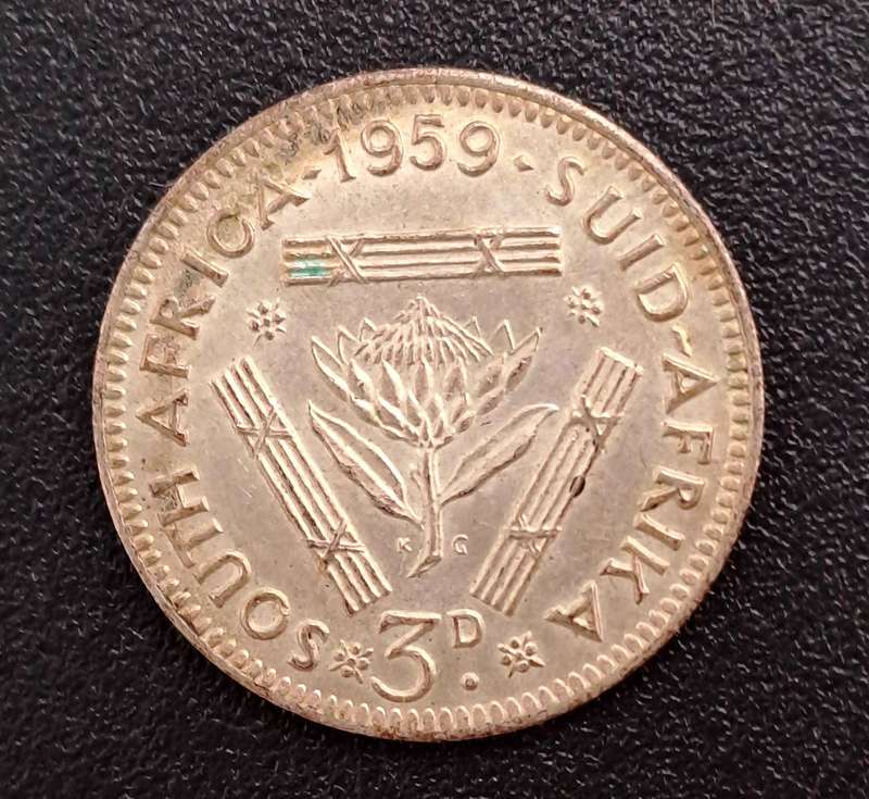 1959 South Africa  3 Pence 50% Silver -  Elizabeth II 1st portrait