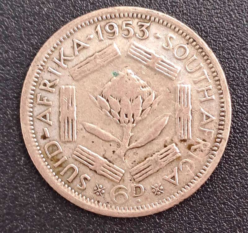 1953 South Africa .50% SILVER 6 Pence -Elizabeth II 1st portrait