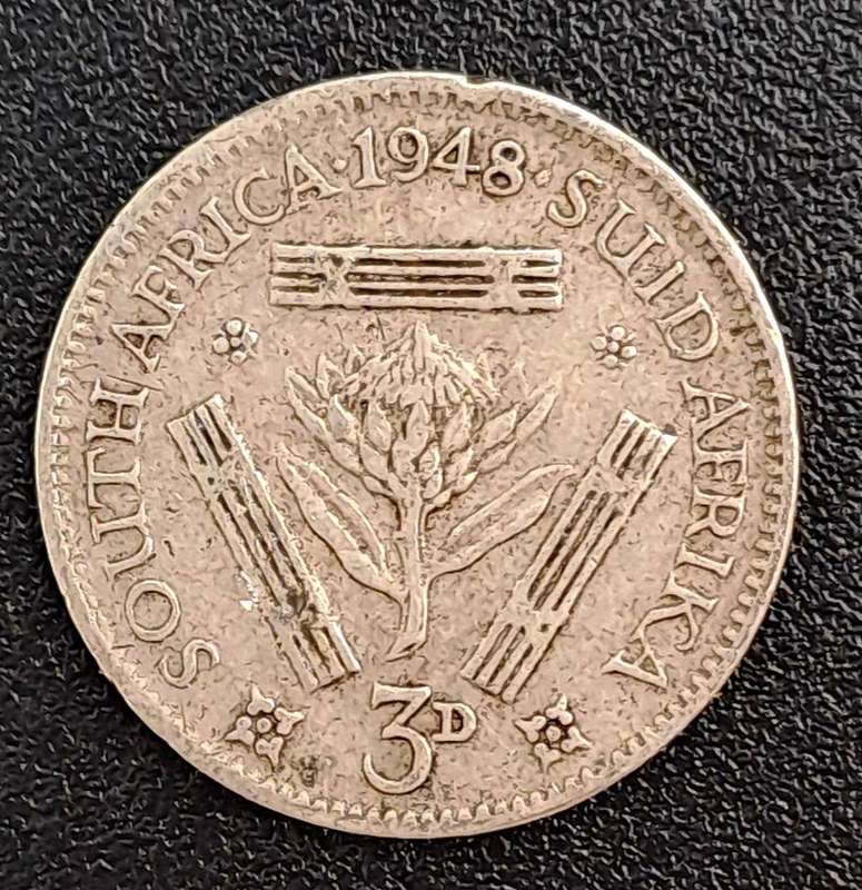1948 South Africa  3 Pence 80% Silver - George VI Sextus Rex