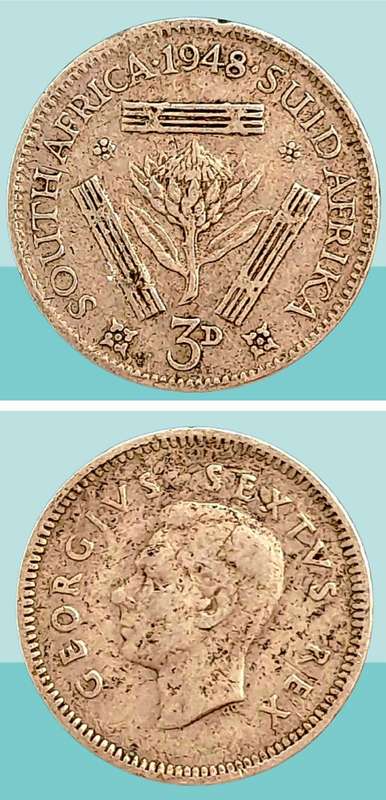 1948 South Africa  3 Pence 80% Silver - George VI Sextus Rex