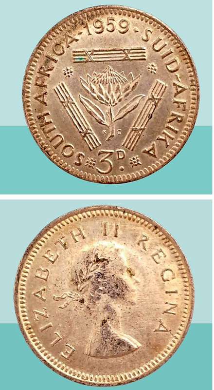 1959 South Africa  3 Pence 50% Silver -  Elizabeth II 1st portrait