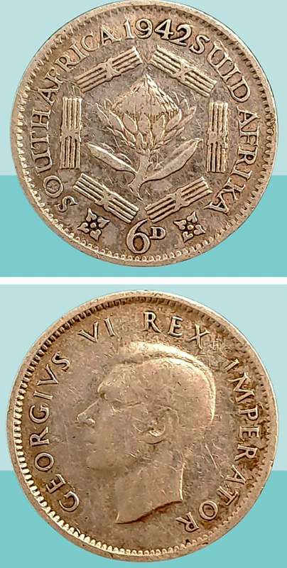 1942 South Africa  SILVER 6 Pence -80% Silver George VI Rex Imperator