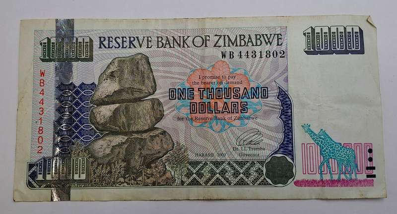 2003 Zimbabwe 1000 Dollars Bank Note -