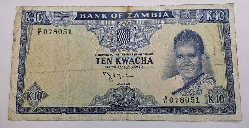 Rare!! 1969 Zambia 10 Kwacha - Bank note