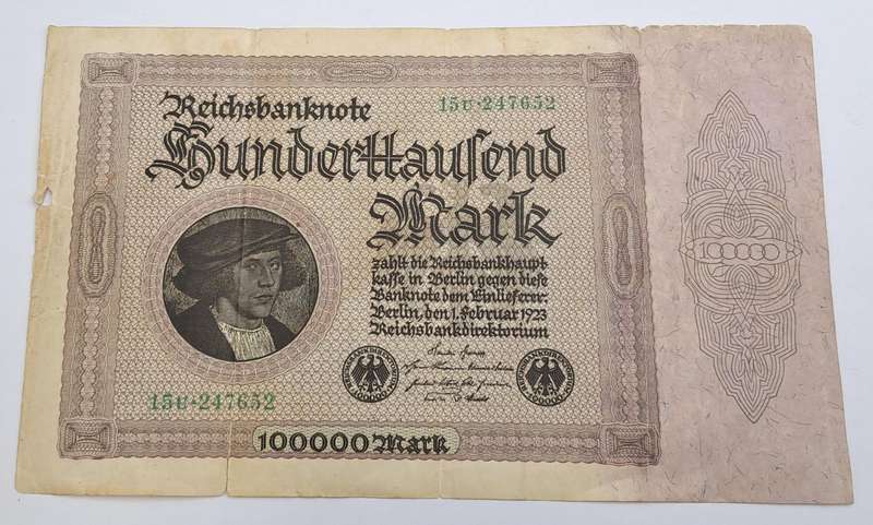 1923 Germany 100 000 Mark Reichsbanknote