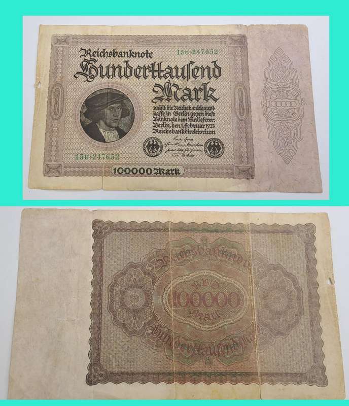 1923 Germany 100 000 Mark Reichsbanknote
