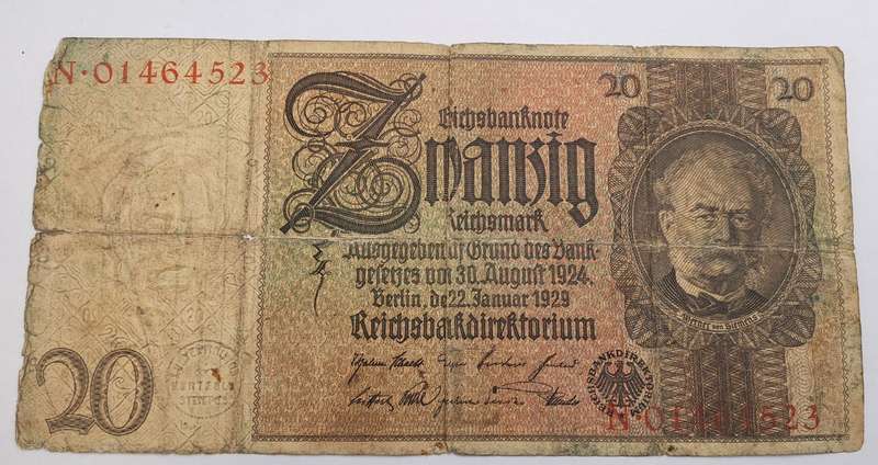 1929 Germany 20 Reichsmark Reichsbanknote