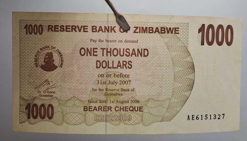 2006 Zimbabwe 1000 Dollars Bearer Cheque