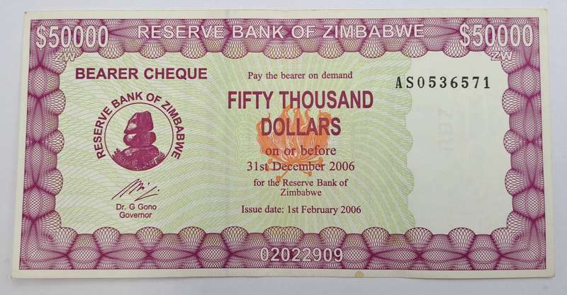 2006 Zimbabwe 50 000 Dollars Emergency Bearer Cheque-Bank Note