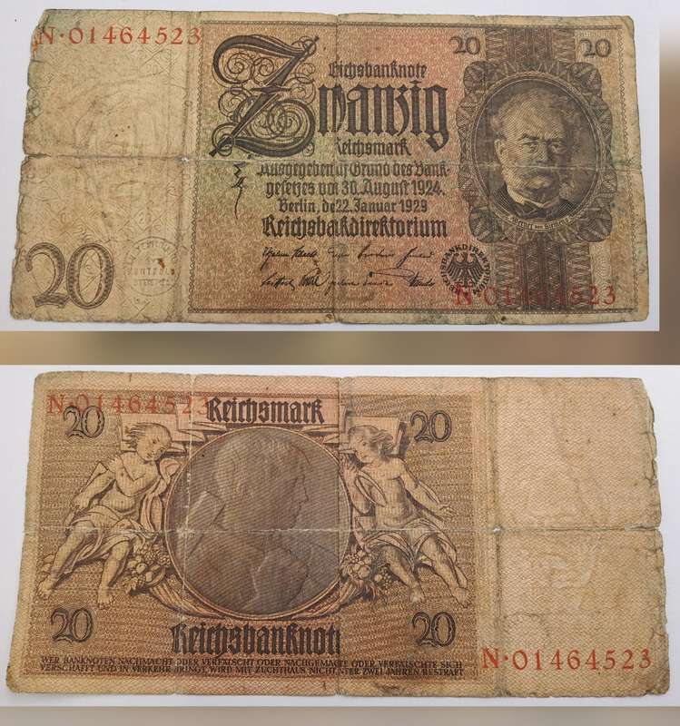 1929 Germany 20 Reichsmark Reichsbanknote